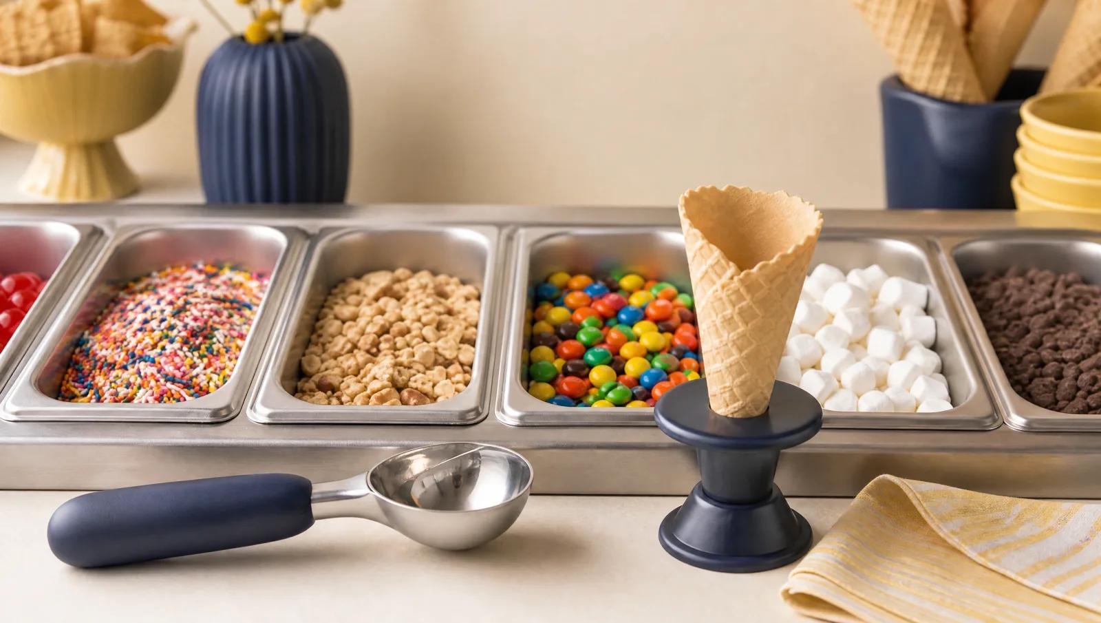 Sweets in stainless topping bins beside a scoop and a plain cone.