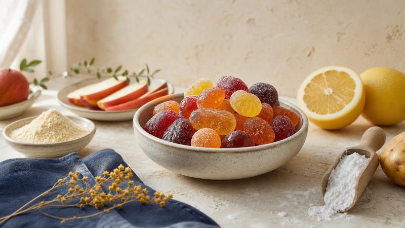 A bowl of sugared gummies surrounded by pectin, sliced apple, potato starch and citrus.