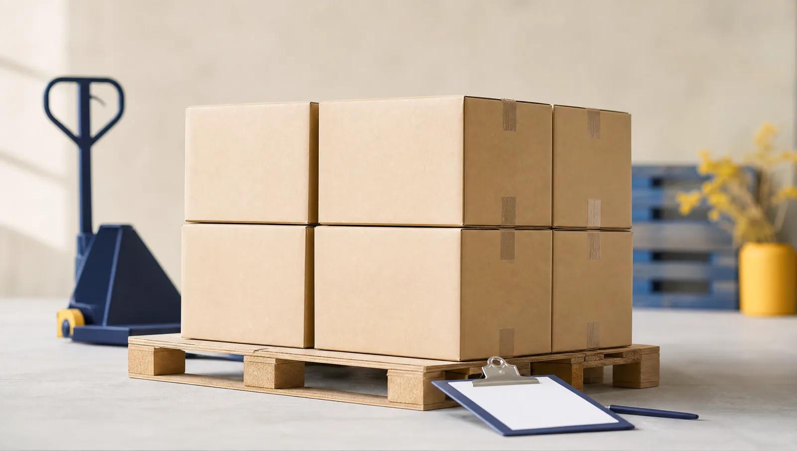 Plain sealed cartons on a pallet beside a clipboard, cool clean warehouse light.