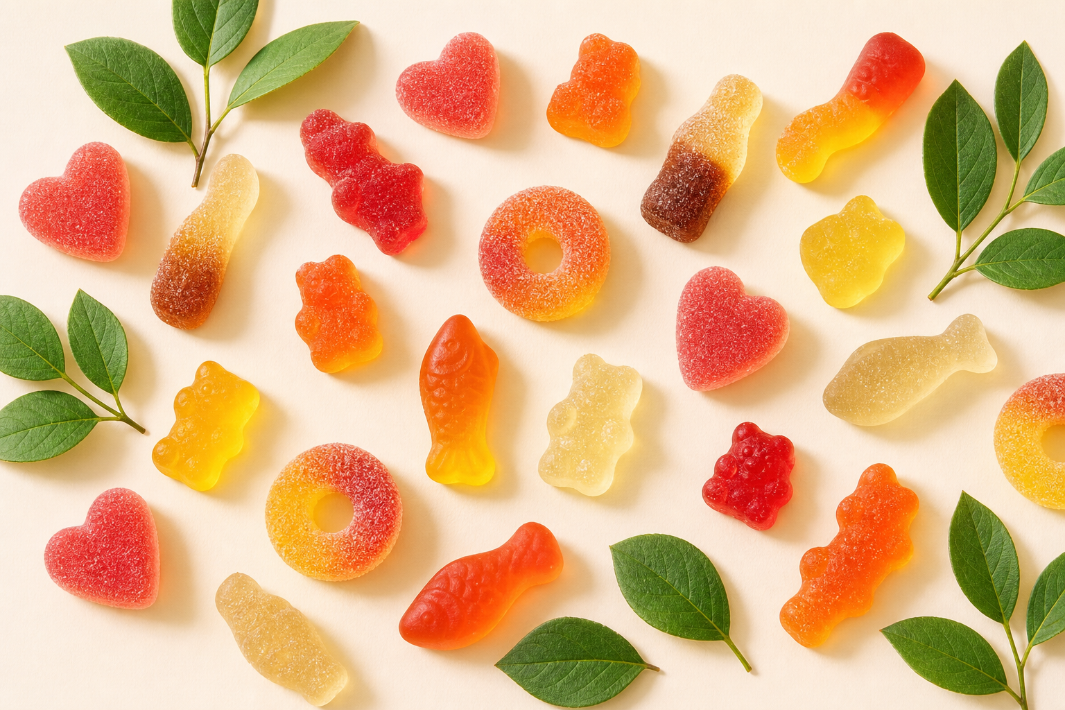Colorful vegan gummy candies with leaves