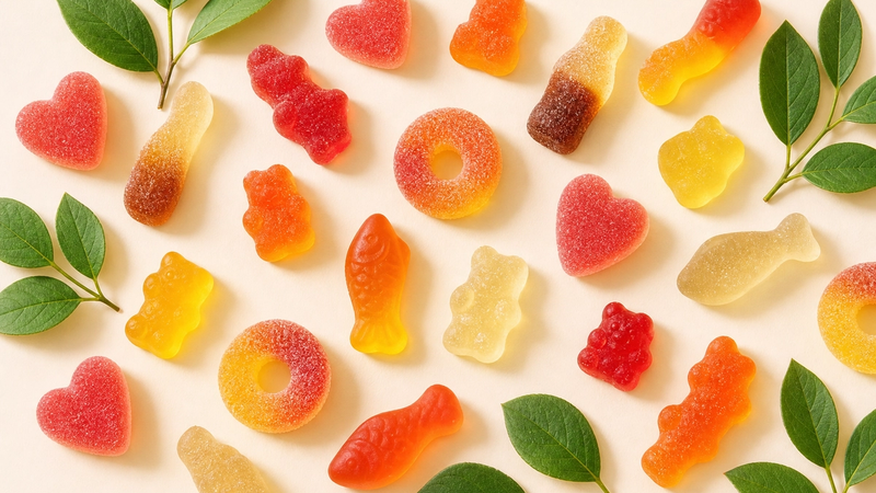 Colorful vegan gummy candies with leaves