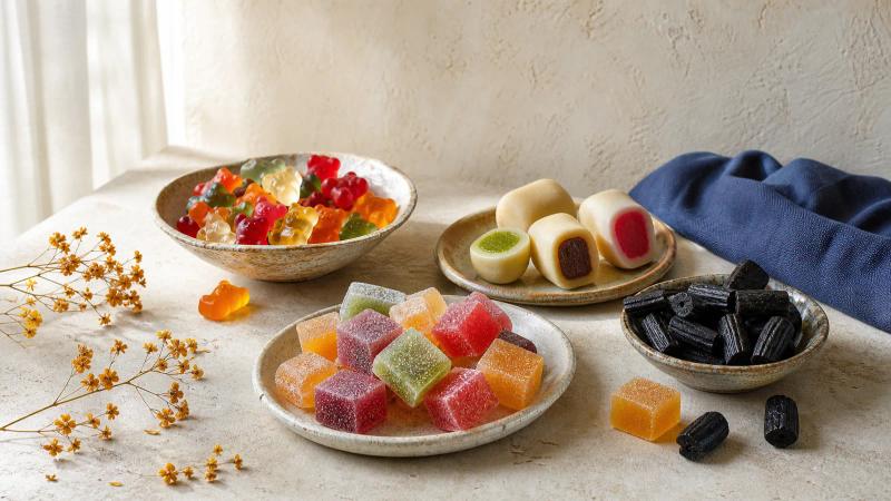 Gummy bears, fruit gums, chewy candy cubes, marzipan and licorice spread across a cream stone surface.