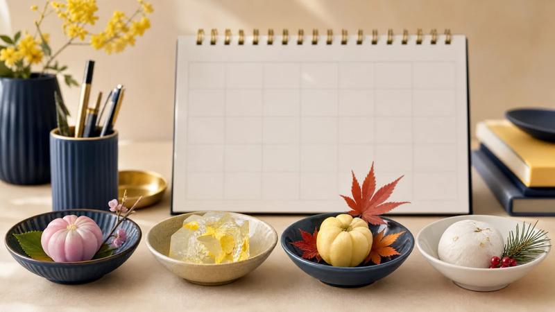 Four small bowls of sweets in a row suggesting the four seasons.