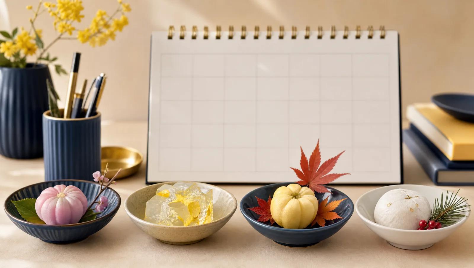 Four small bowls of sweets in a row suggesting the four seasons.