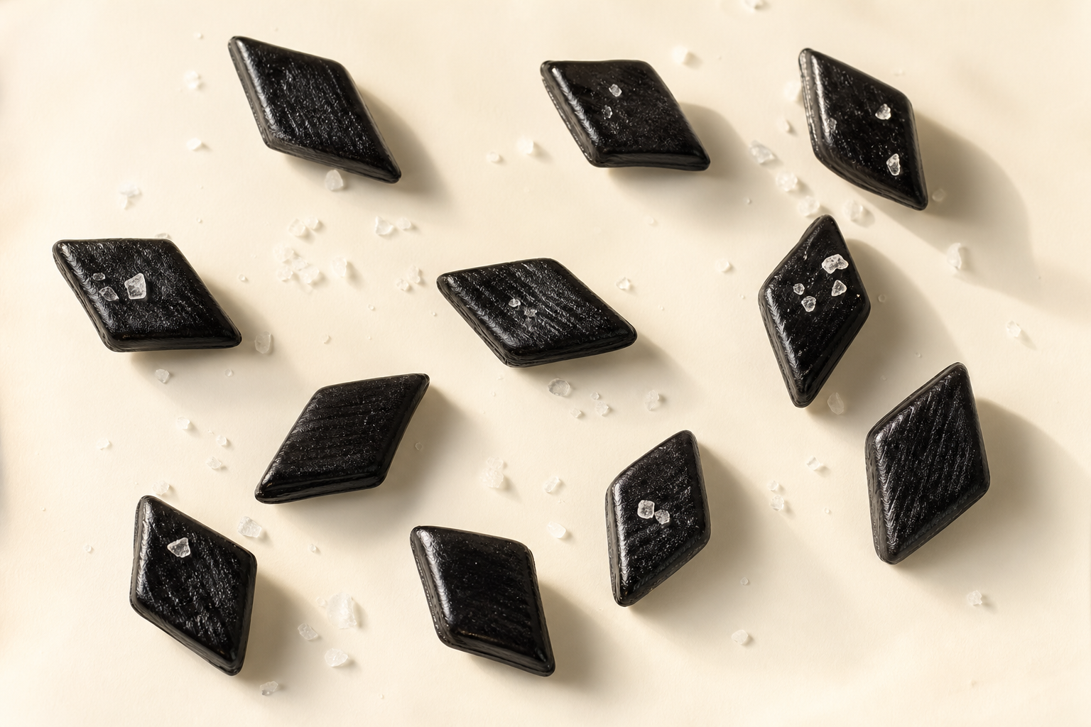 Glossy black salty licorice pieces with salt
