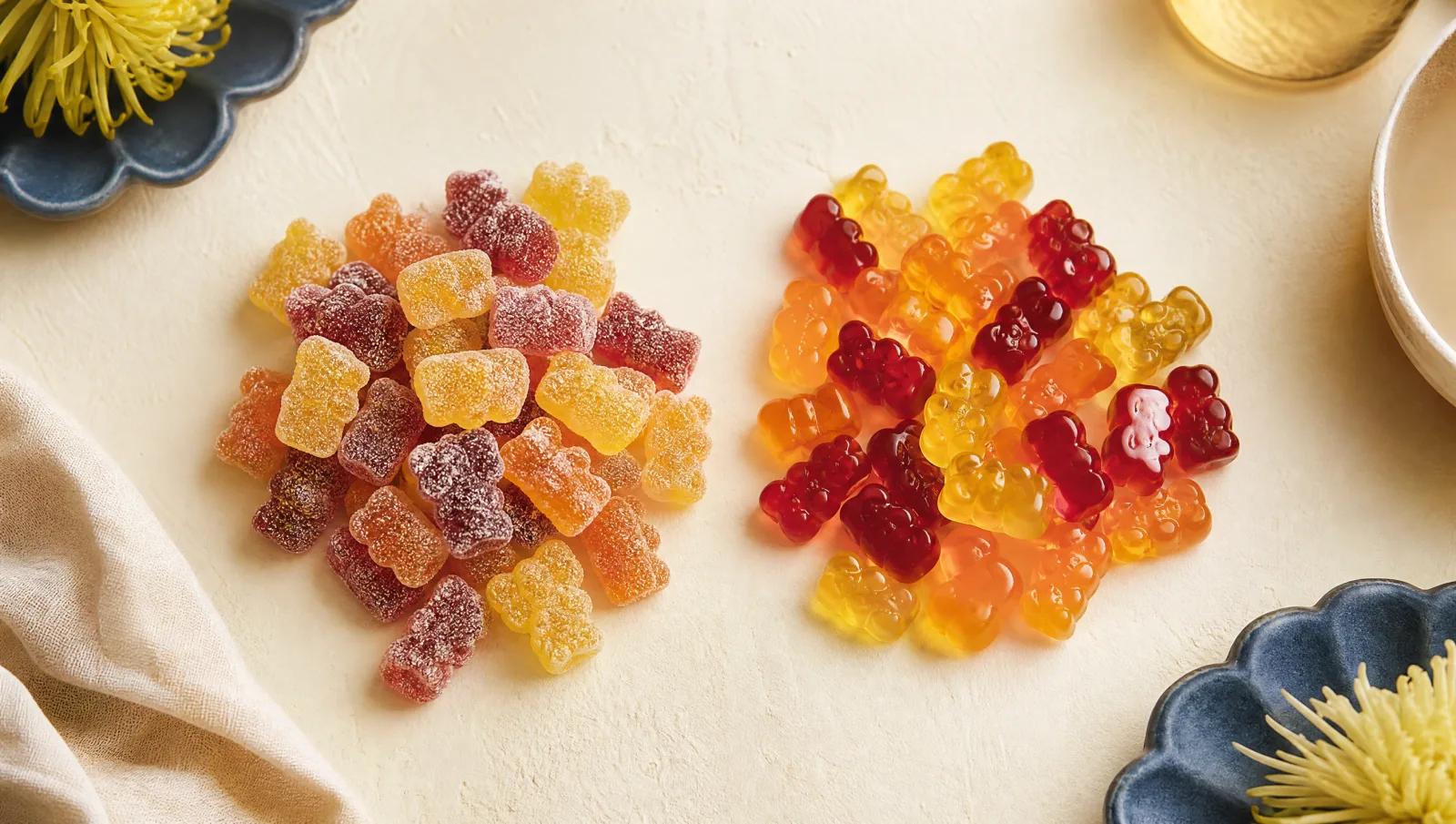 Two groups of gummies side by side for comparison, one sugared one glossy, overhead.