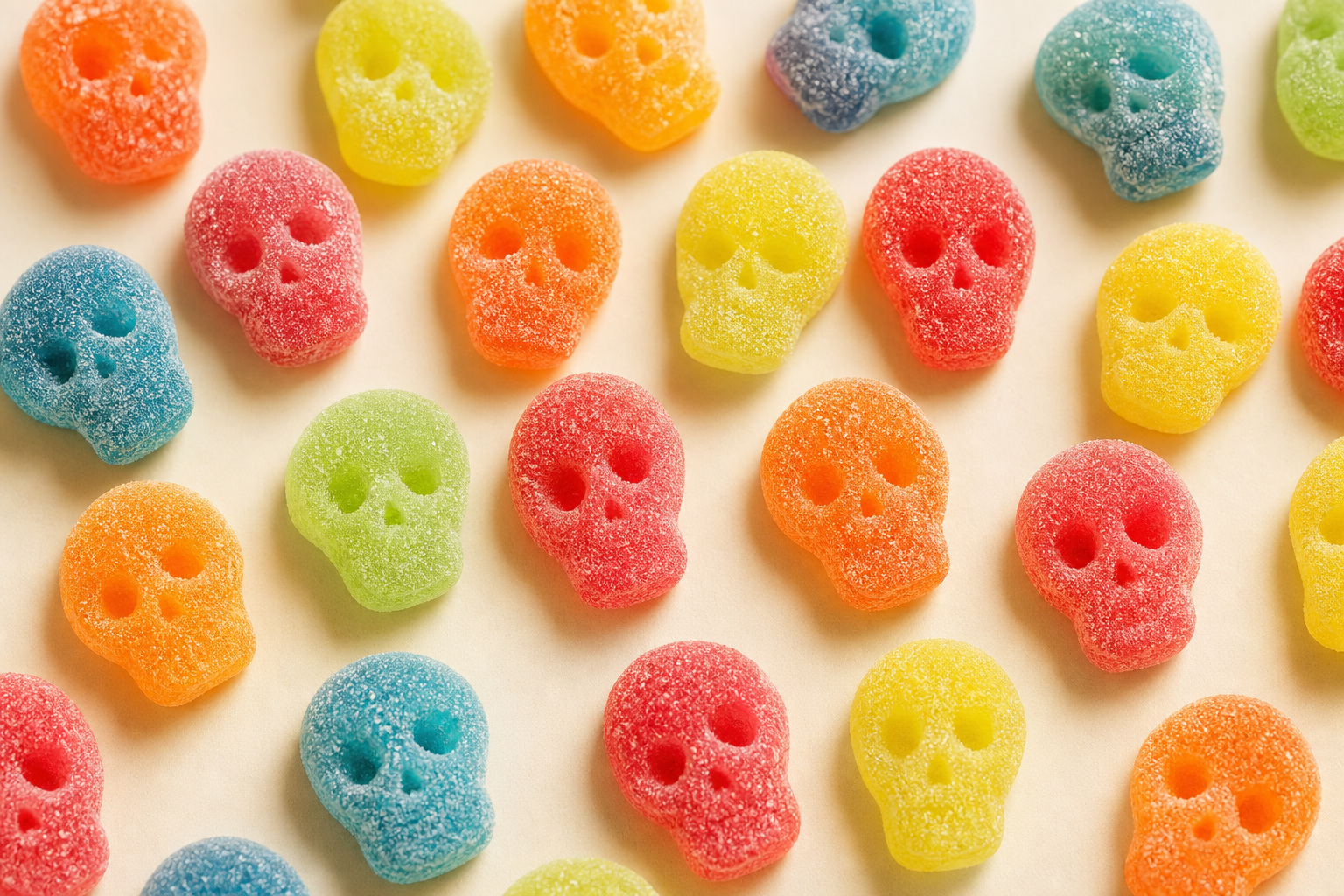Colorful skull-shaped sour gummy candies