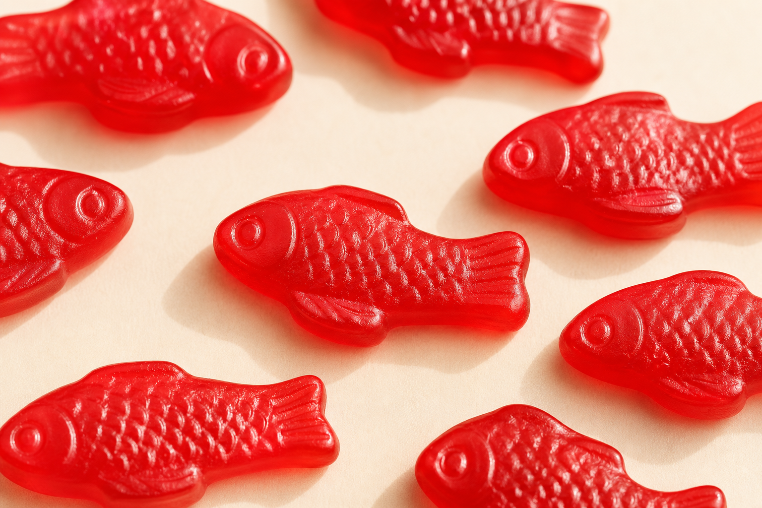 Close-up of red Swedish Fish gummy candies