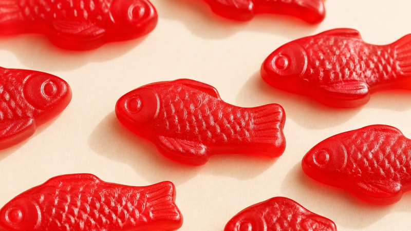Close-up of red Swedish Fish gummy candies