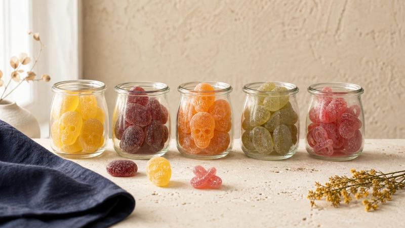 Small glass jars of colorful gummy candies lined up in soft morning light.