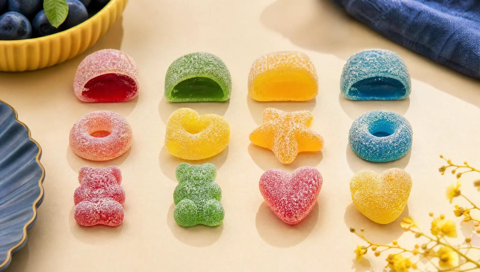 Sour gummy sweets in mixed shapes, glossy interiors under sugar coating.