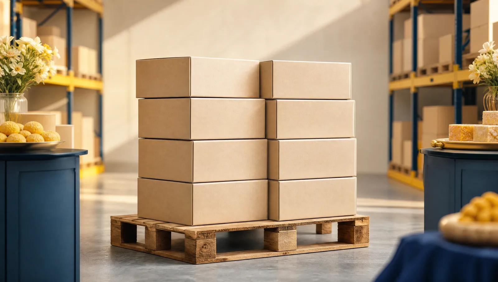 Several plain cartons of sweets stacked on a pallet in a clean warehouse aisle.