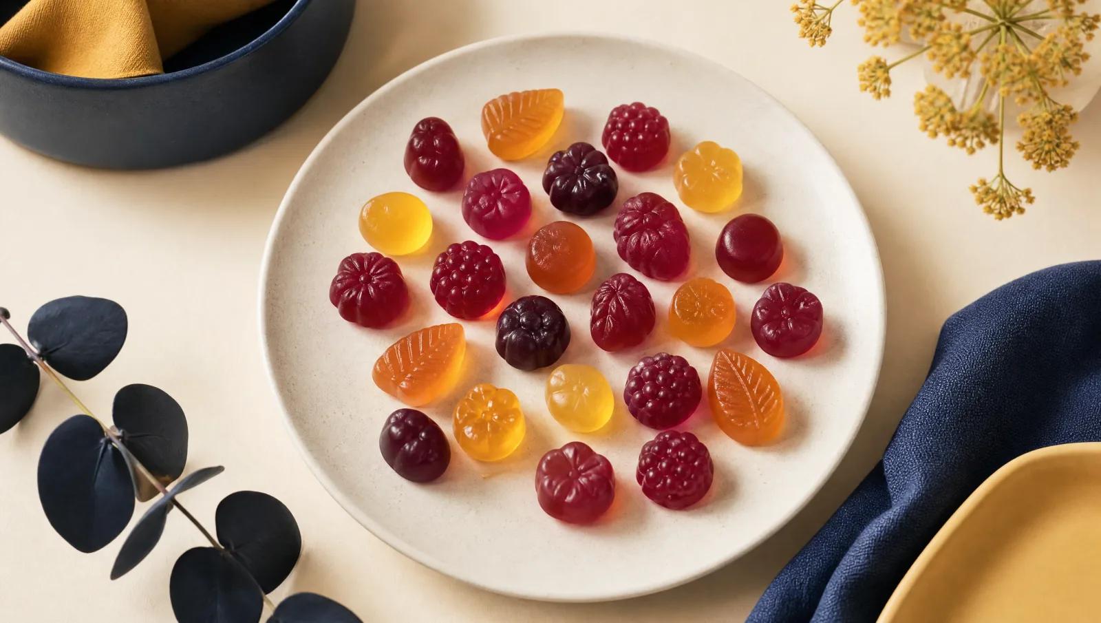 Clean overhead of assorted plant-based gummies on a simple cream plate.