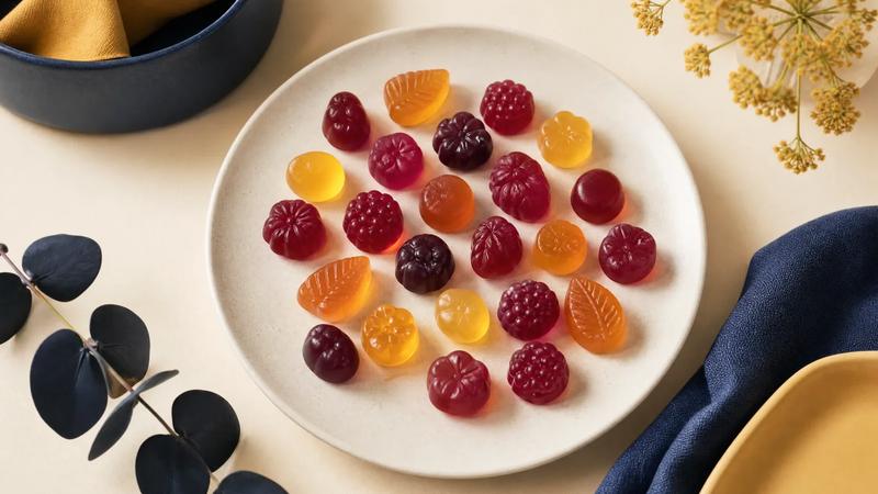 Clean overhead of assorted plant-based gummies on a simple cream plate.