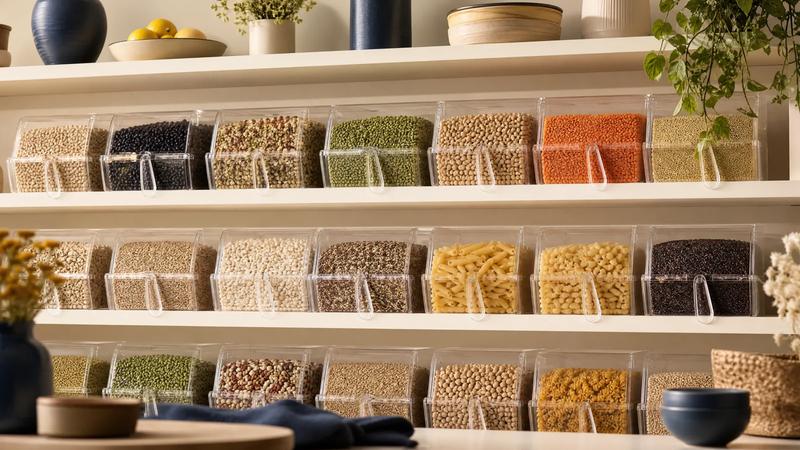 Neat retail shelf of scoop bins arranged in tidy planogram rows.