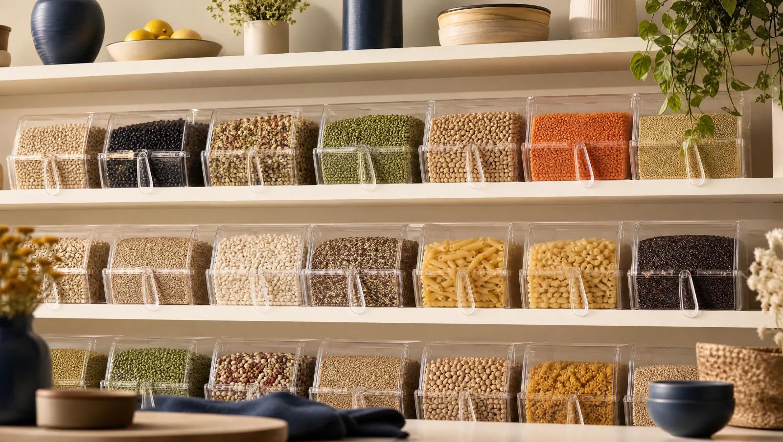 Neat retail shelf of scoop bins arranged in tidy planogram rows.
