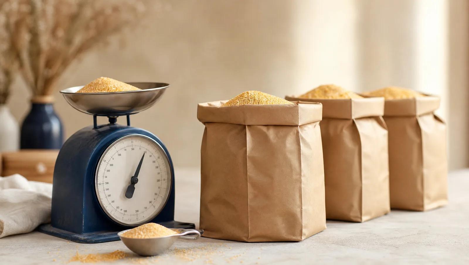 Weighing scale beside filled paper bags lined up in a row, portioning scene.