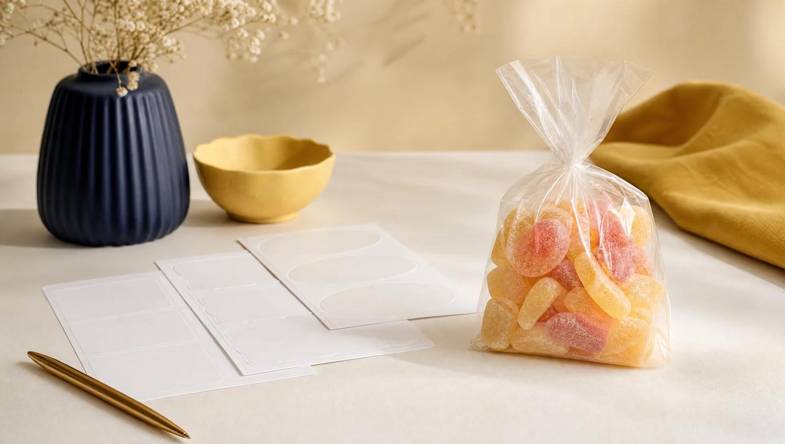 Blank white label sheets and a plain sealed bag of sweets on a clean cream desk.