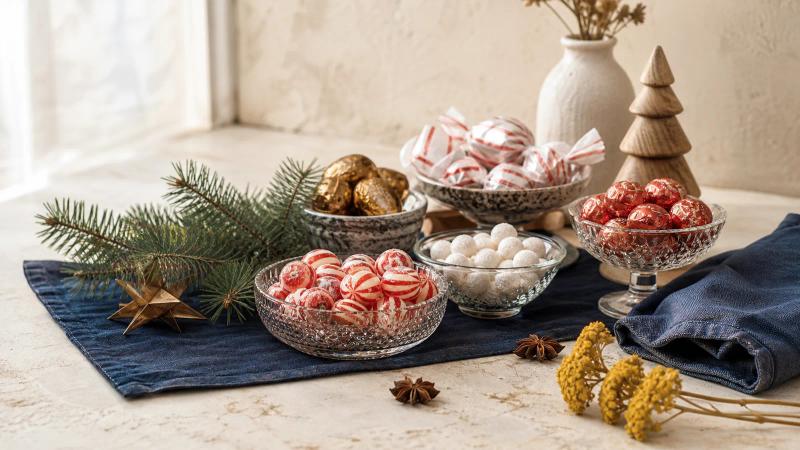 A festive spread of European Christmas candies in glass bowls with fir sprigs on a cream table.