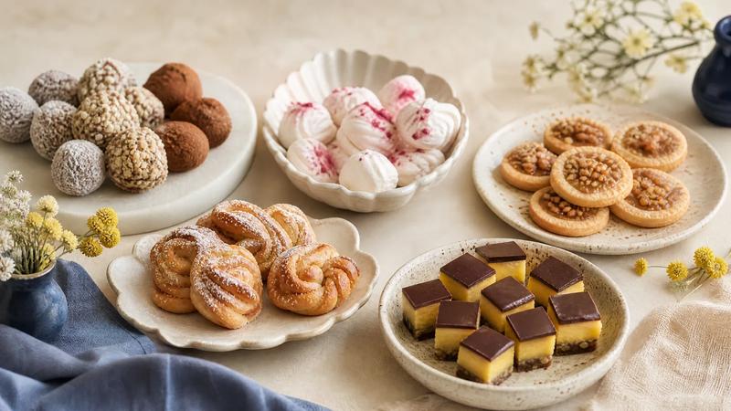 Sweets from several Nordic styles grouped into five soft clusters on cream.