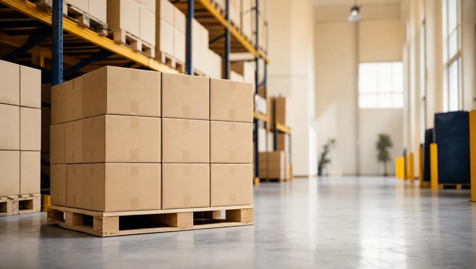 Pallet of stacked plain cartons in a clean warehouse, wide receding aisle.