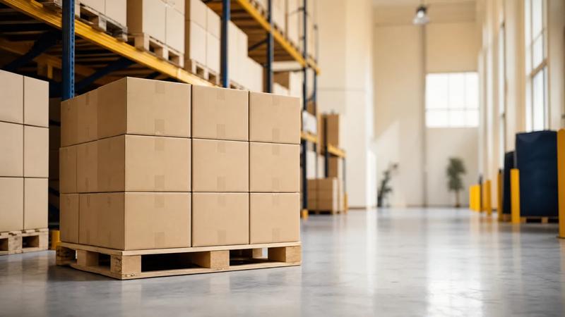 Pallet of stacked plain cartons in a clean warehouse, wide receding aisle.