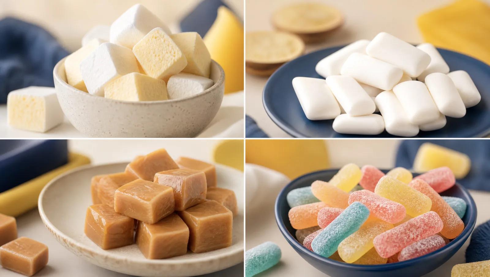 Four distinct sweet textures in quadrants: foam, gum, chew and sugared sour.