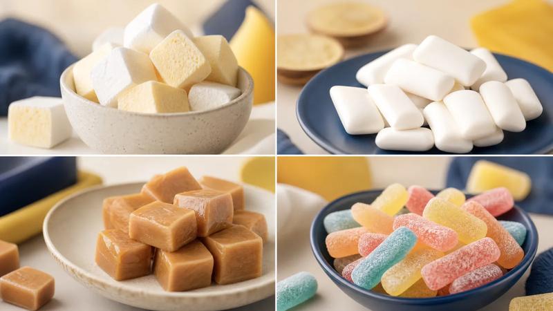 Four distinct sweet textures in quadrants: foam, gum, chew and sugared sour.