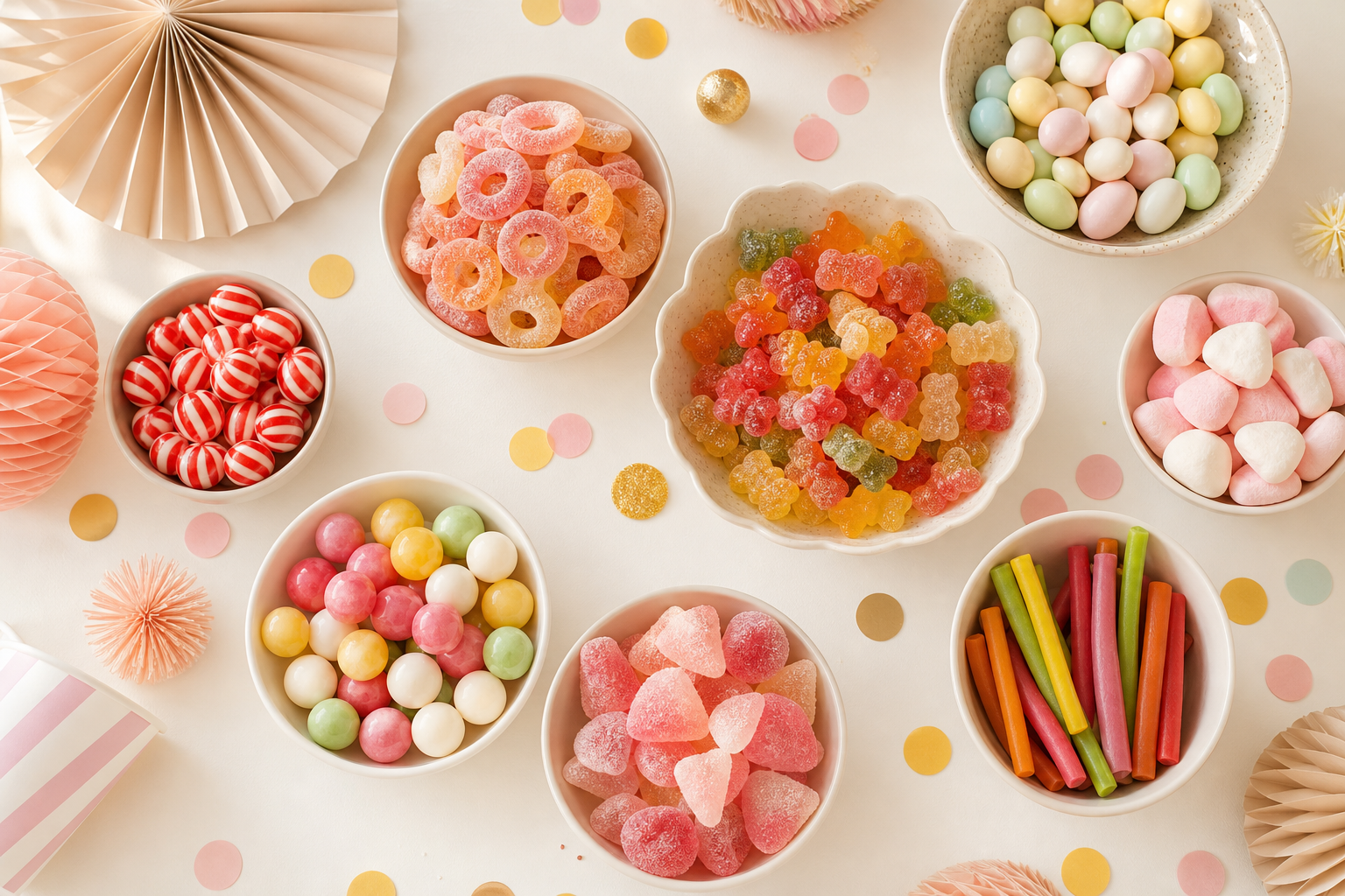 A festive candy table with bowls of candy