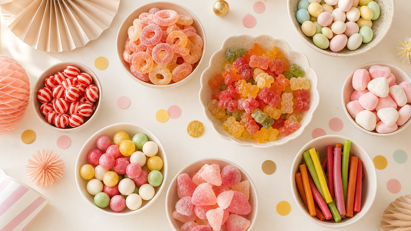 A festive candy table with bowls of candy