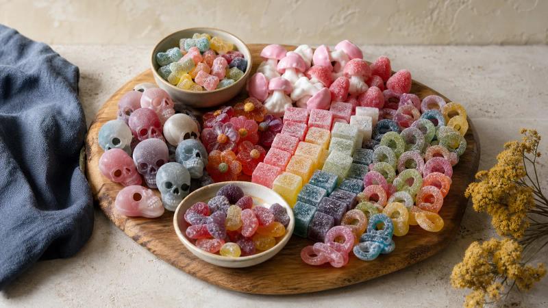 Overhead view of a wooden board arranged with skull gummies, flower gummies, foam mushrooms and sour candy.