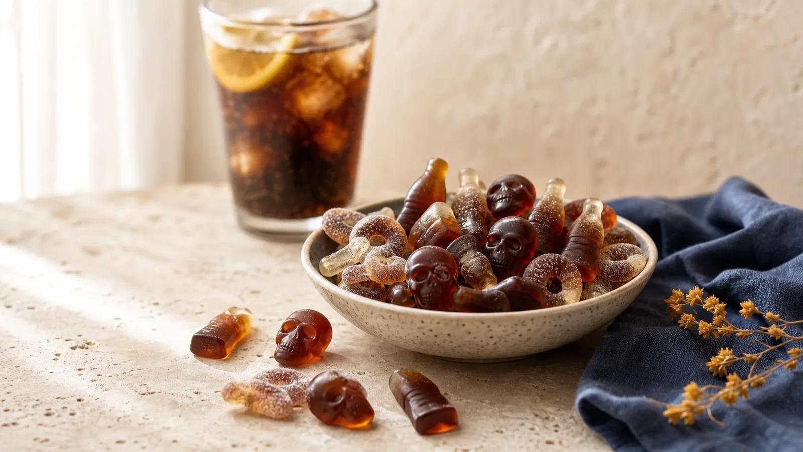 Cola-flavored skull, bottle and sour pacifier gummies with a glass of cola and ice behind.
