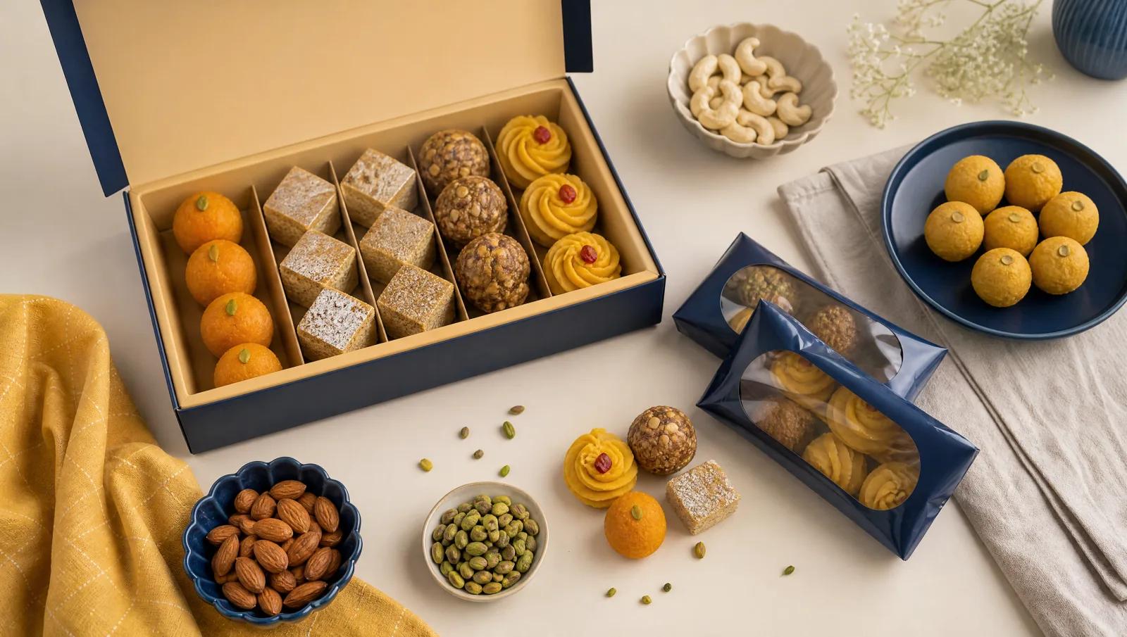 Overhead of an open carton, sealed bags and loose sweets arranged as a buyer's flat-lay.