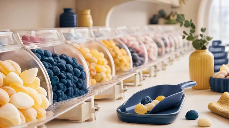 Long row of pick-and-mix scoop bins receding into soft focus, scoop in the foreground.
