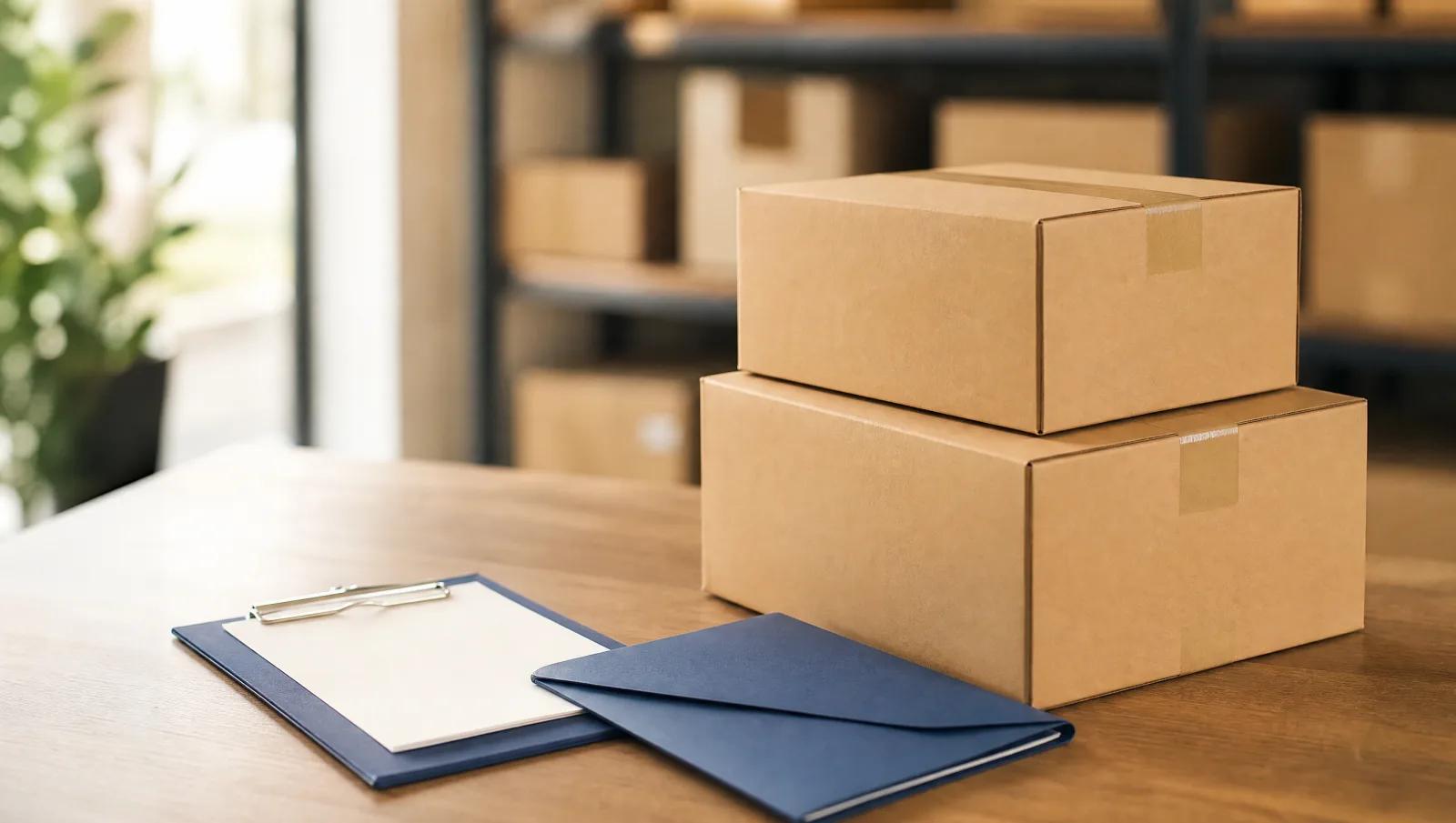 Plain sealed shipping cartons beside a clipboard and a document folder.