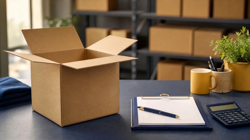 Open plain carton beside a clipboard and calculator on a warehouse desk.