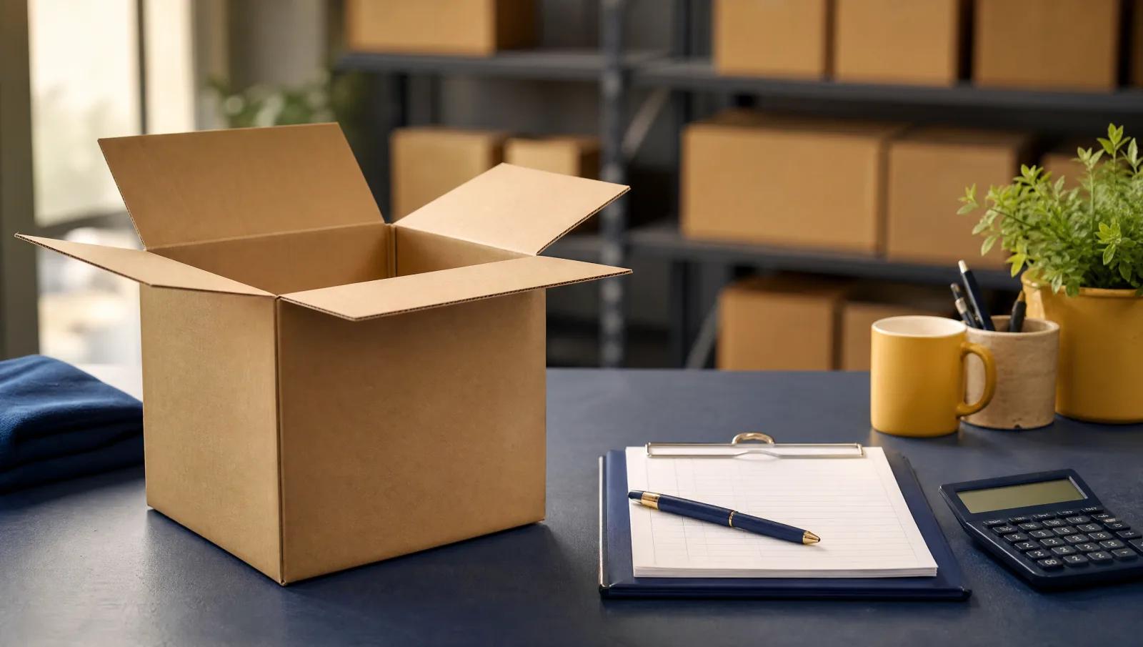 Open plain carton beside a clipboard and calculator on a warehouse desk.