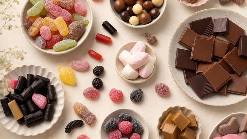 A varied spread of Swedish candy and chocolate