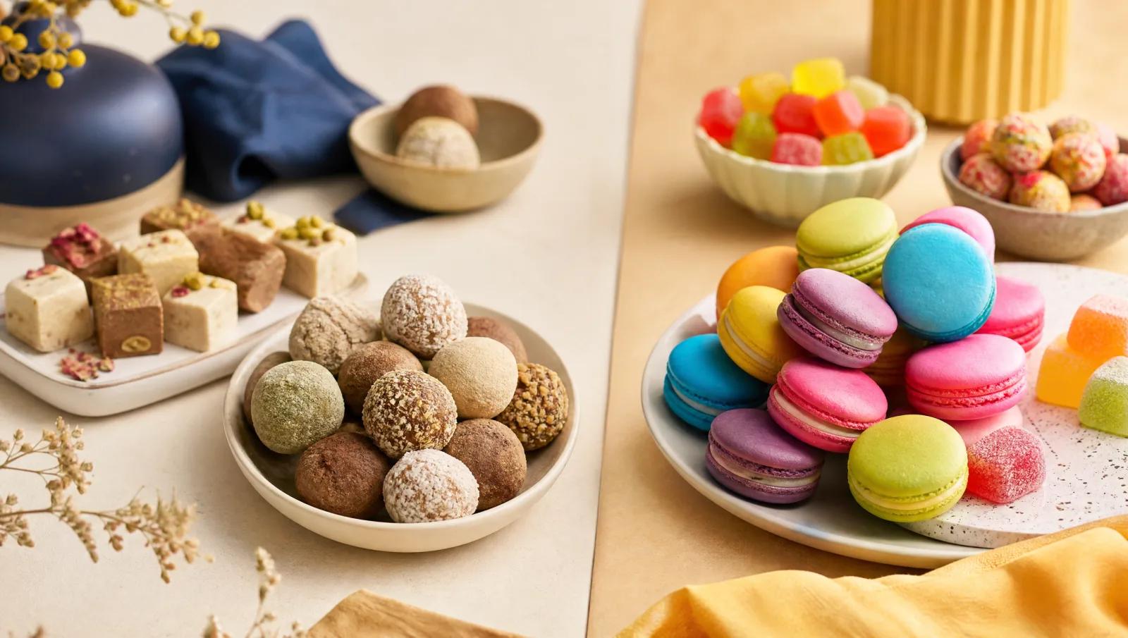 Two groups of sweets, muted natural tones beside vivid saturated colours.