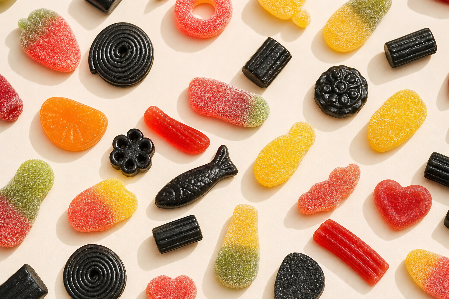 A mix of chewy fruit gummies and black licorice