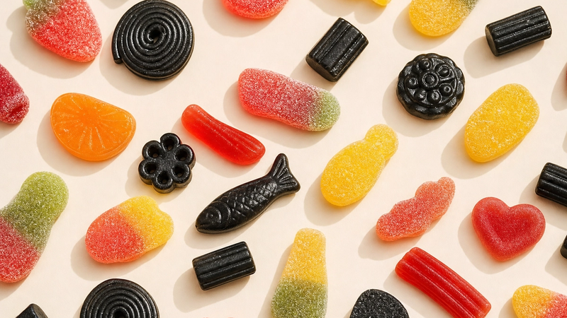 A mix of chewy fruit gummies and black licorice