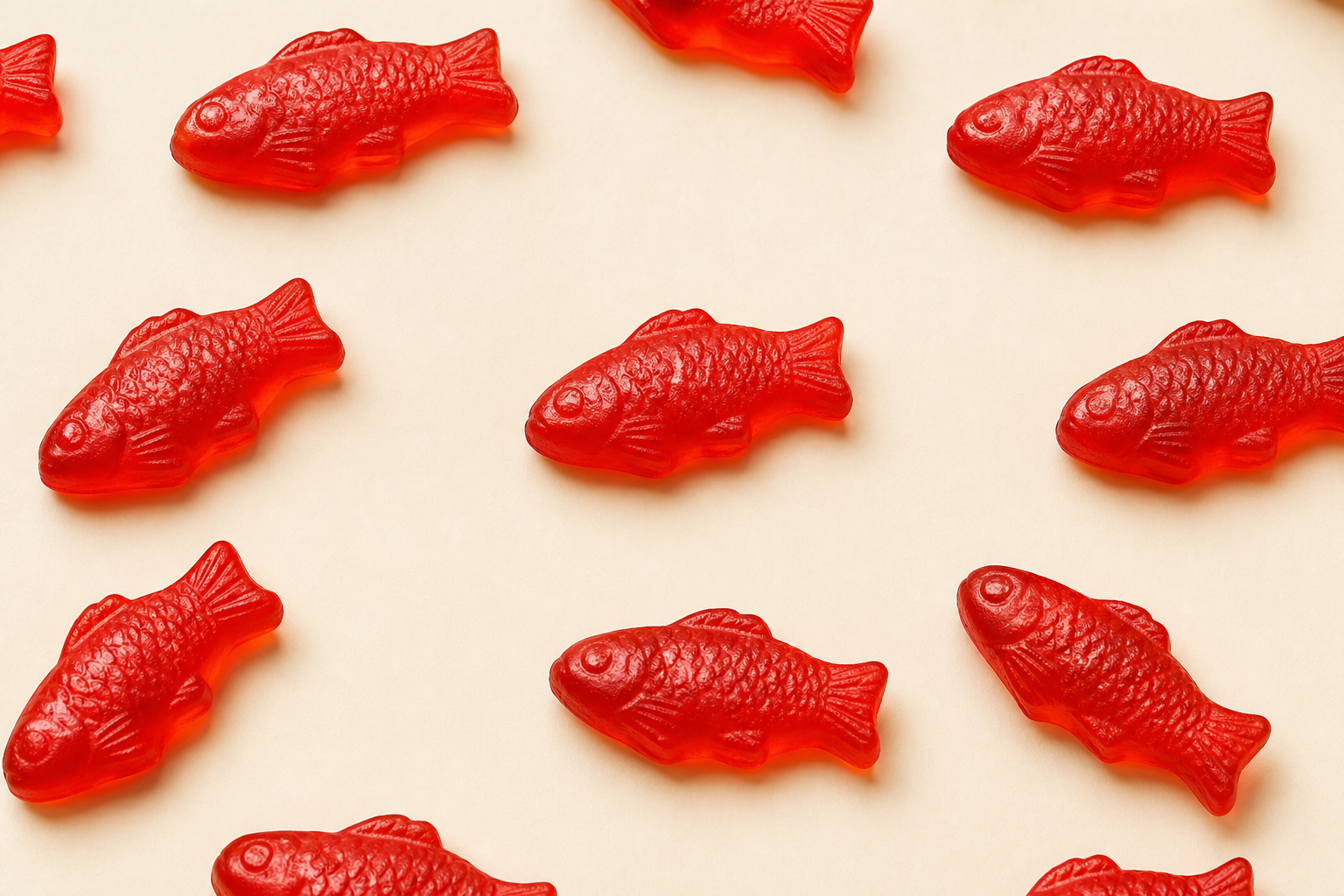 Red fish-shaped Swedish Fish gummy candies on a cream background