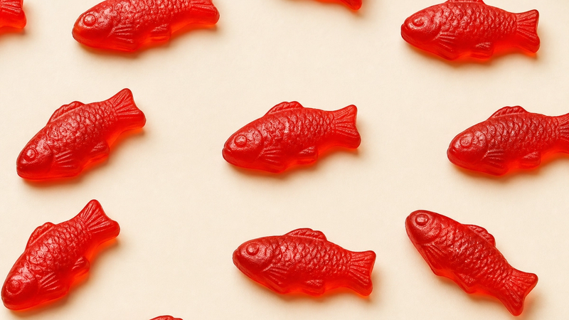 Red fish-shaped Swedish Fish gummy candies on a cream background