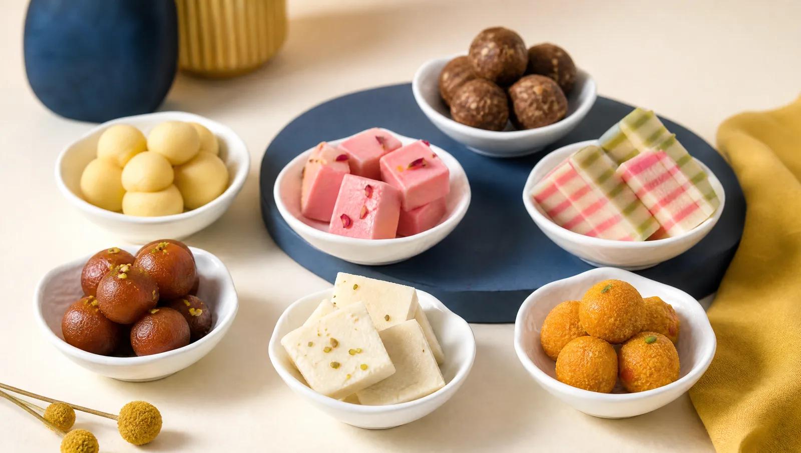 Assorted sweets separated into small labelled-free white dishes, clinical clean styling.