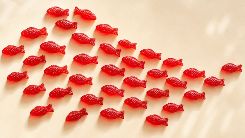 Red fish-shaped candies arranged like a school of fish