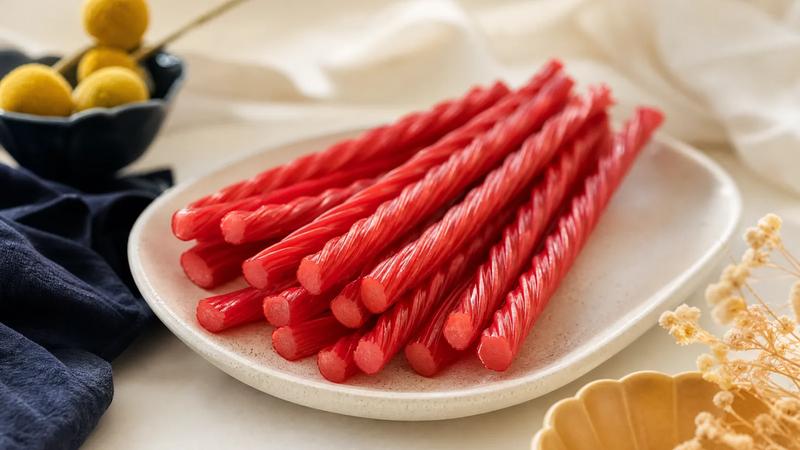 Bright red twisted licorice ropes fanned across cream, cut ends facing the camera.