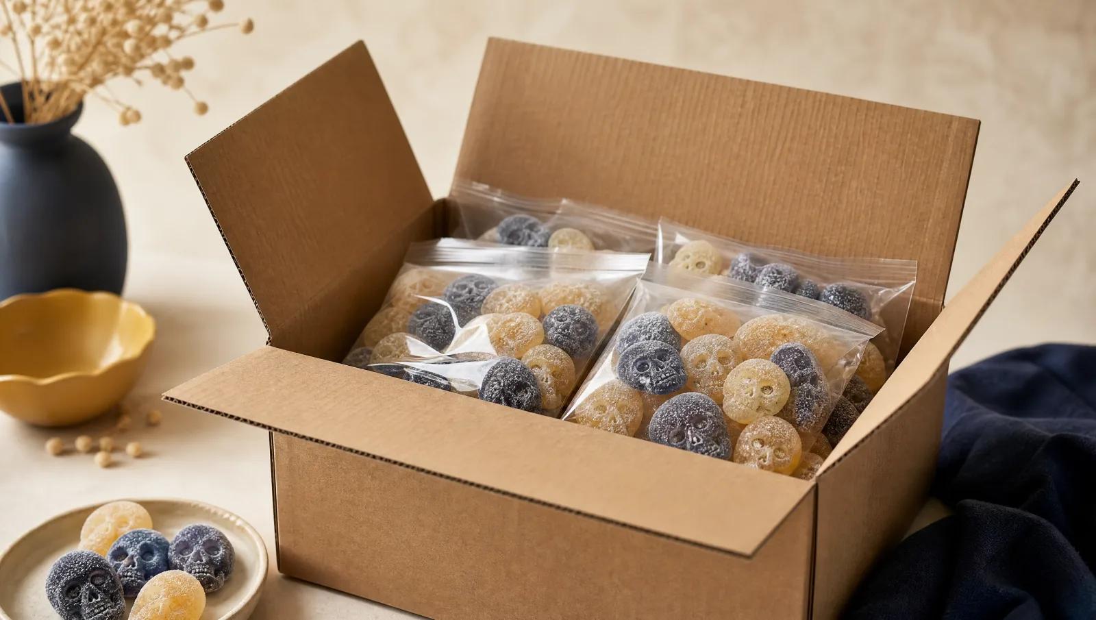 Plain shipping carton open to reveal sealed bags of sugared skull gummies.