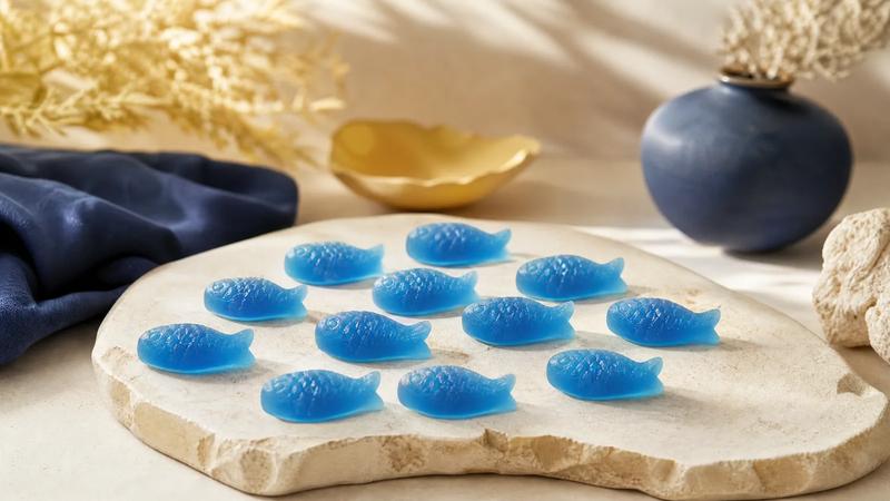 Blue fish-shaped gummies arranged in a shoal formation on cream stone.