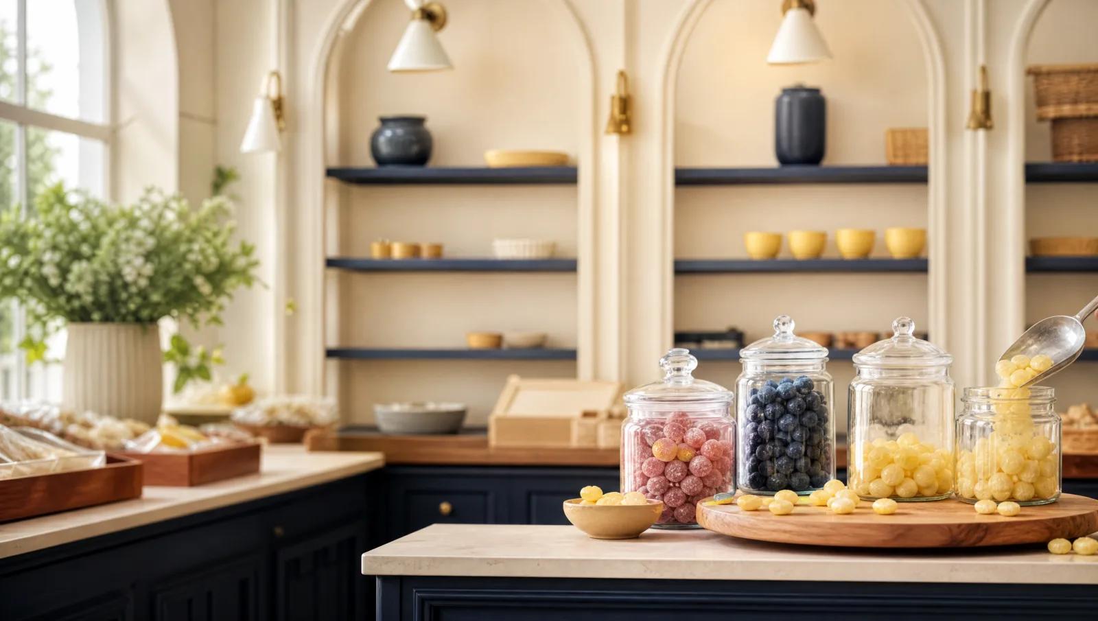 Bright empty shop interior with fresh shelving and first jars of sweets being filled.
