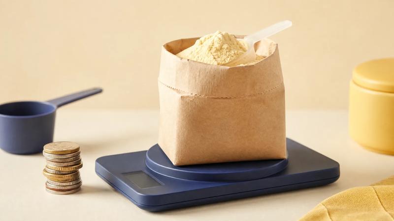 Paper scoop bag on a weighing scale beside a small stack of coins on cream.